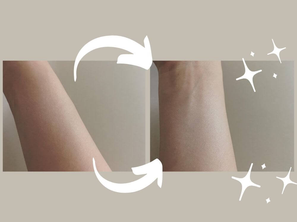 ETVOS(エトヴォス)パーフェクトキットの化粧下地、ナイトミネラルファンデーションパウダーを付けた腕の状態