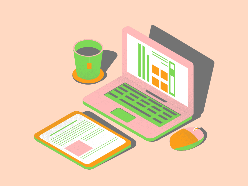 キッズライン登録にパソコンやタブレットを使っているイラスト