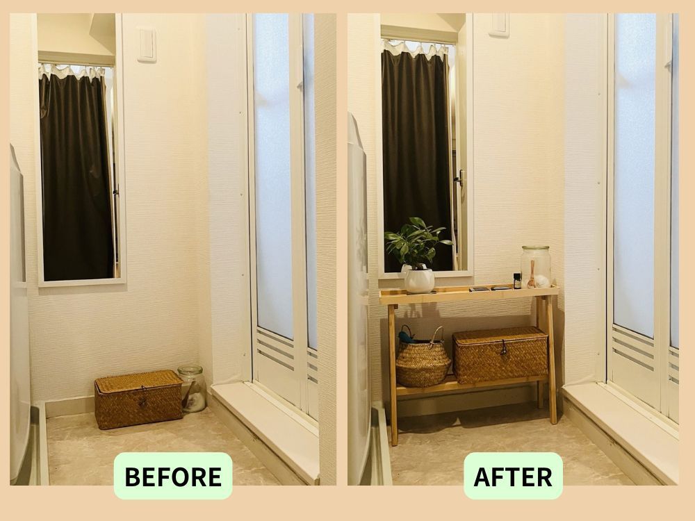 無印良品のスリムトレーテーブルを置いた脱衣所のBefore・After